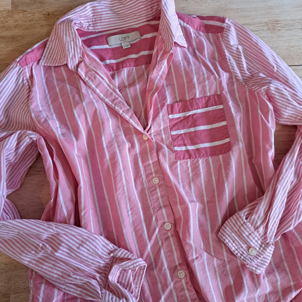Pink Striped Small Contemporary Blouse Nautical Button Up Shirt Barbie core Top
